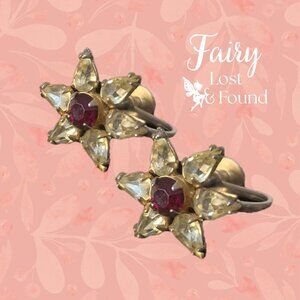 Vintage Clear & Red Rhinestone Gold Screw Back Earrings